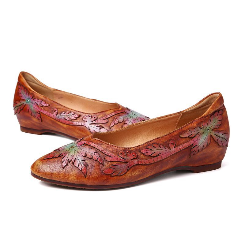 Dames Retro Splicing Vine Comfy Echt Leer Puntschoen Slip On Platte Schoenen