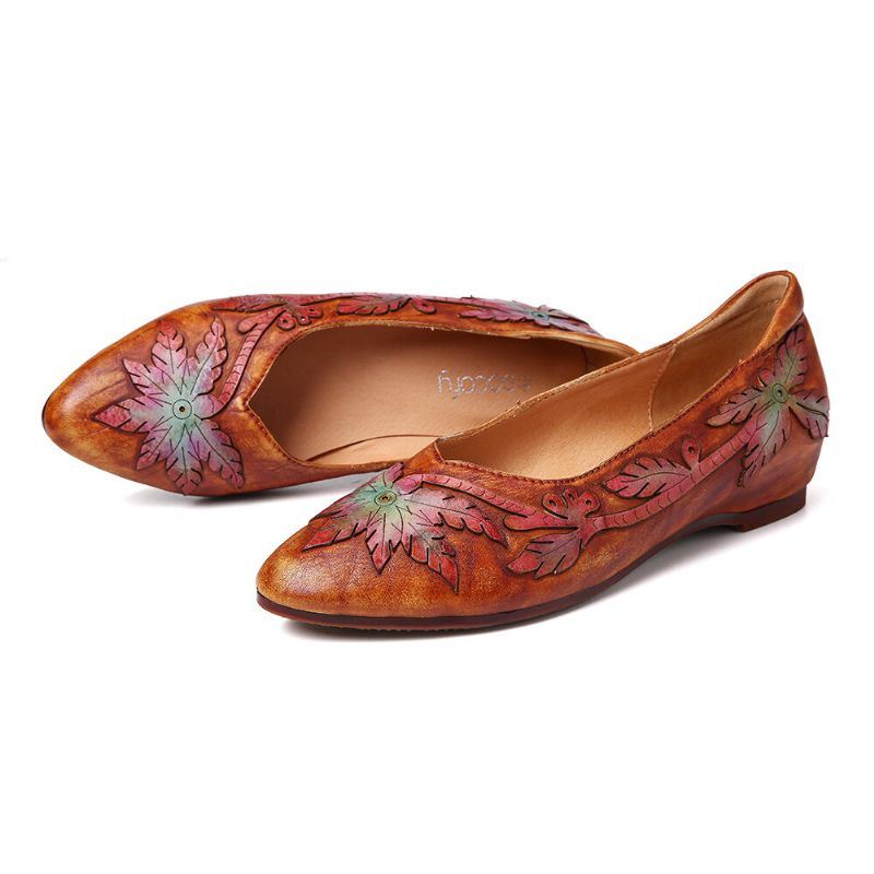 Dames Retro Splicing Vine Comfy Echt Leer Puntschoen Slip On Platte Schoenen