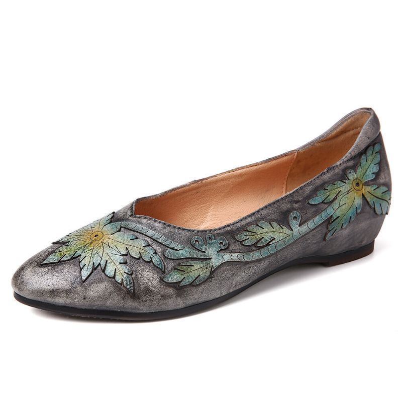 Dames Retro Splicing Vine Comfy Echt Leer Puntschoen Slip On Platte Schoenen