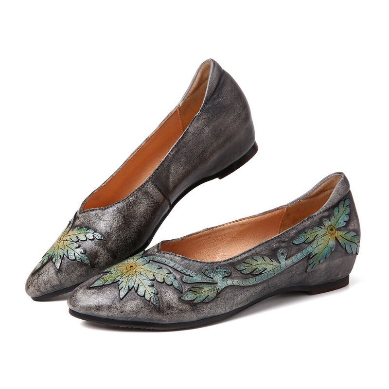 Dames Retro Splicing Vine Comfy Echt Leer Puntschoen Slip On Platte Schoenen