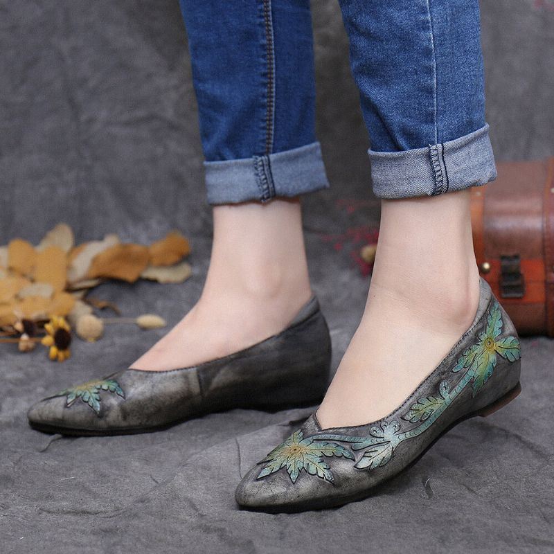 Dames Retro Splicing Vine Comfy Echt Leer Puntschoen Slip On Platte Schoenen