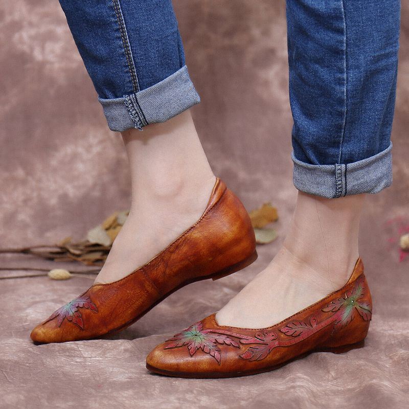 Dames Retro Splicing Vine Comfy Echt Leer Puntschoen Slip On Platte Schoenen