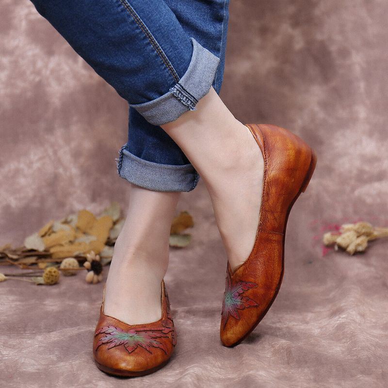 Dames Retro Splicing Vine Comfy Echt Leer Puntschoen Slip On Platte Schoenen