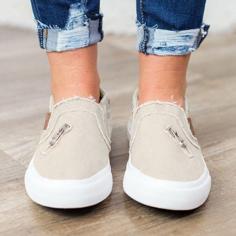 Dames Rits Decoratie Elastische Band Slip Op Canvas Casual Flats