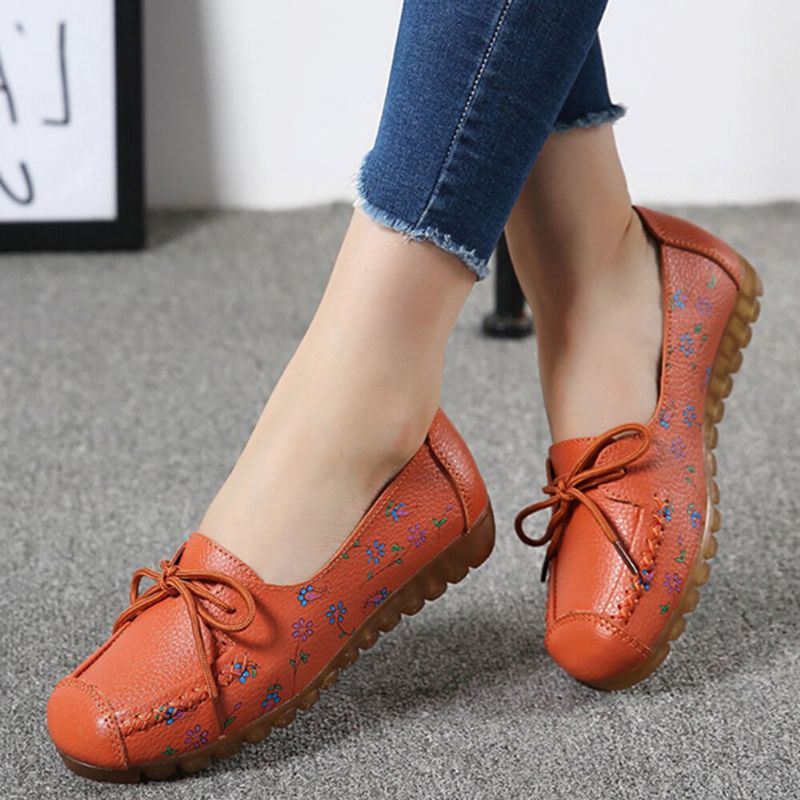 Dames Strik Bloemen Afdrukken Comfortabele Antislip Zachte Zool Casual Leren Loafers