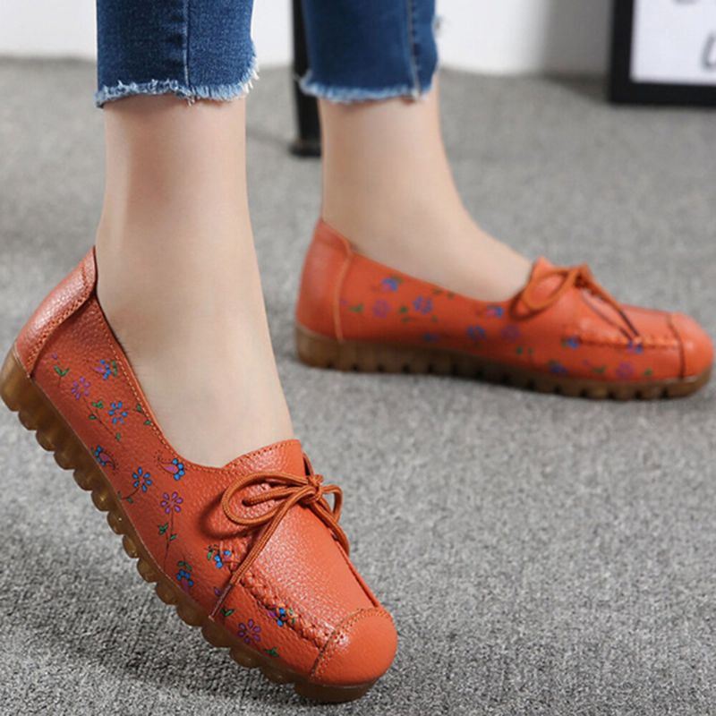 Dames Strik Bloemen Afdrukken Comfortabele Antislip Zachte Zool Casual Leren Loafers