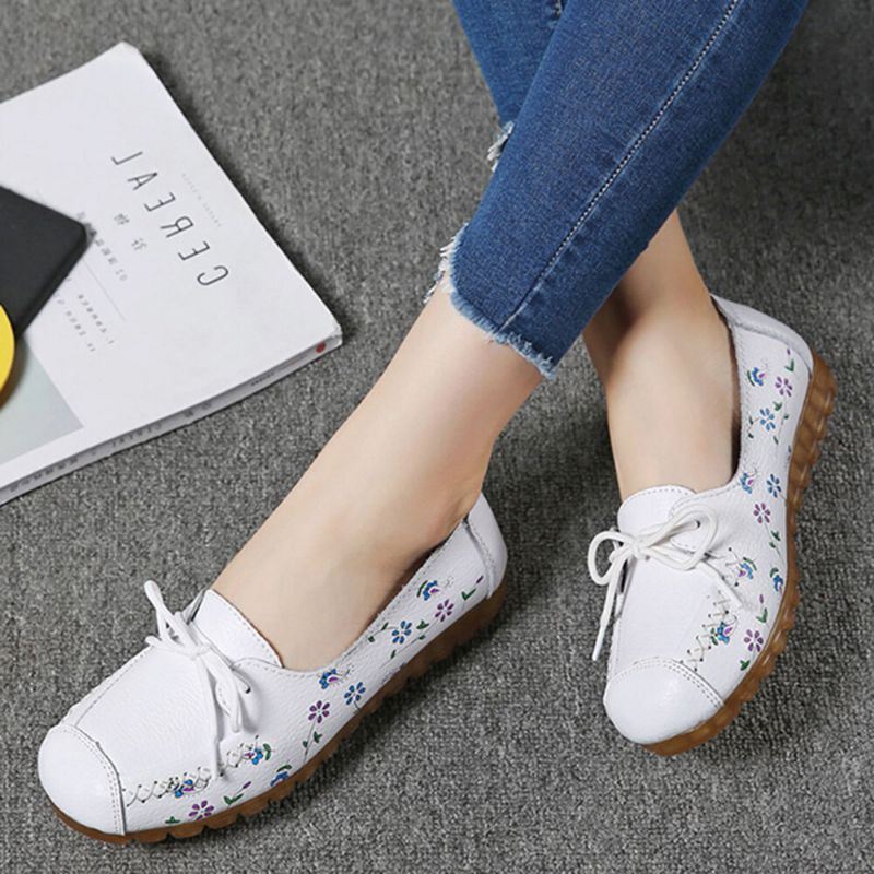 Dames Strik Bloemen Afdrukken Comfortabele Antislip Zachte Zool Casual Leren Loafers