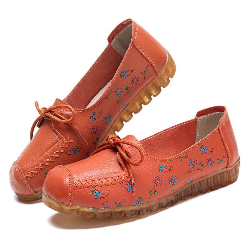 Dames Strik Bloemen Afdrukken Comfortabele Antislip Zachte Zool Casual Leren Loafers