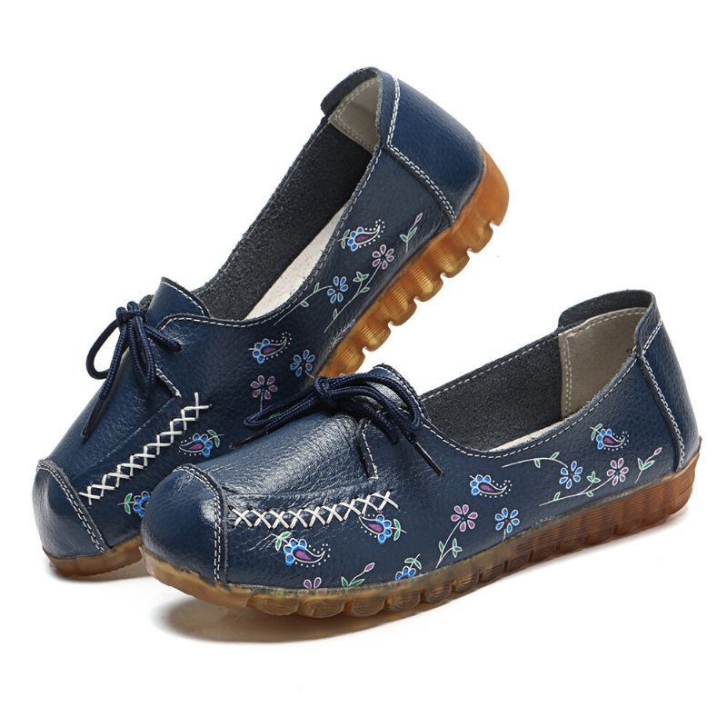 Dames Strik Bloemen Afdrukken Comfortabele Antislip Zachte Zool Casual Leren Loafers