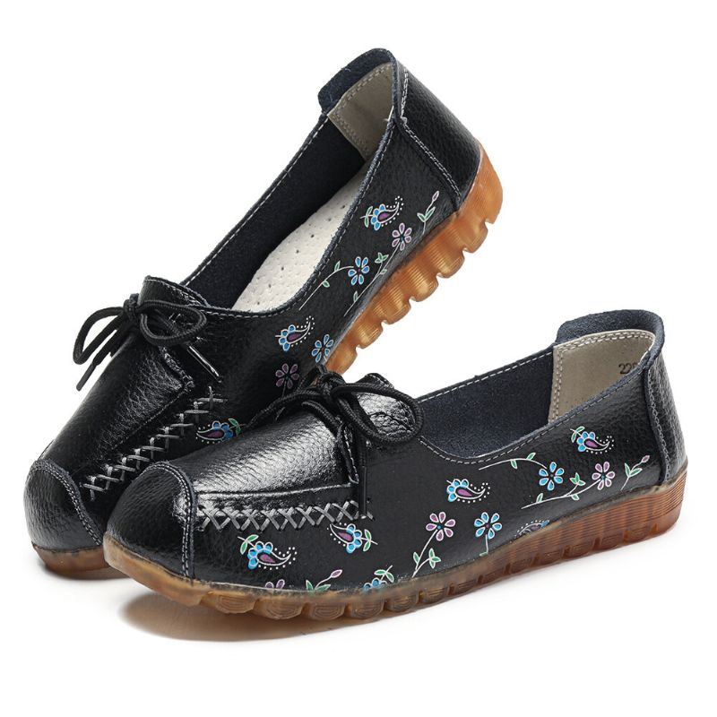 Dames Strik Bloemen Afdrukken Comfortabele Antislip Zachte Zool Casual Leren Loafers