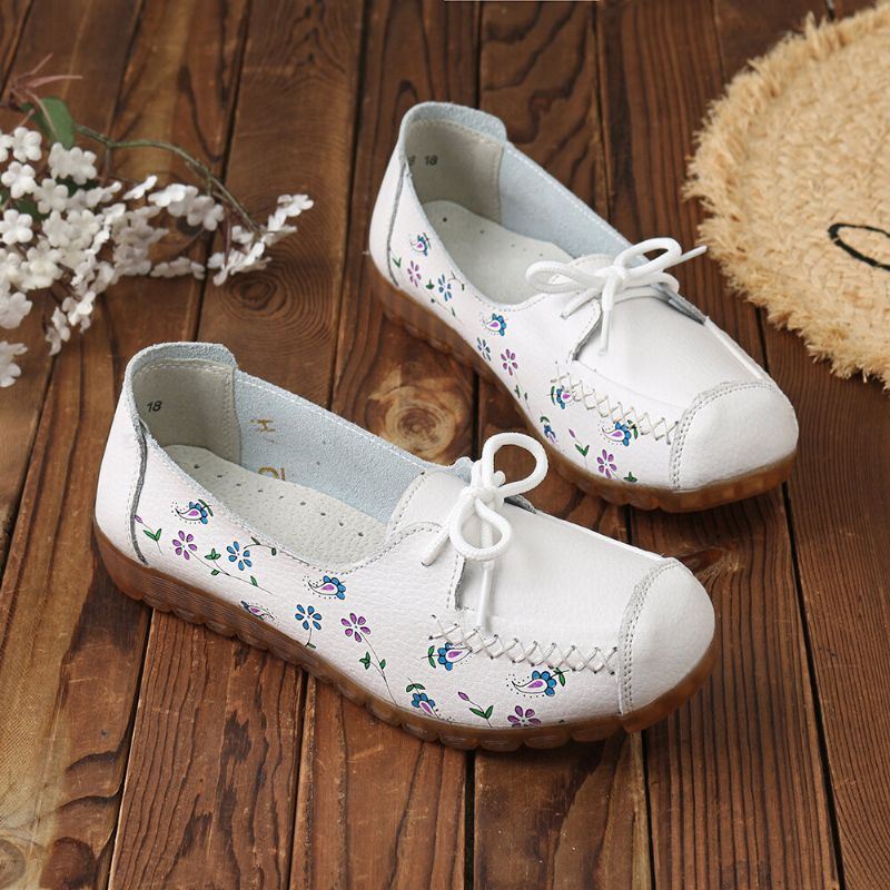 Dames Strik Bloemen Afdrukken Comfortabele Antislip Zachte Zool Casual Leren Loafers