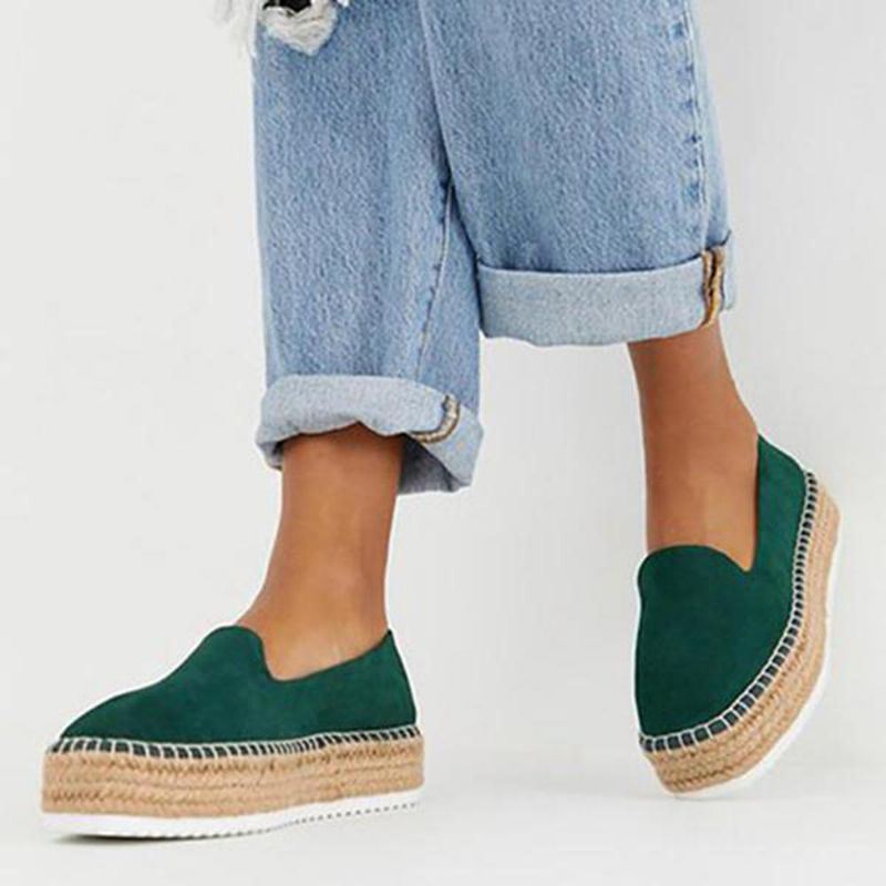 Dames Suède Espadrilles Stro Gevlochten Platform Loafers