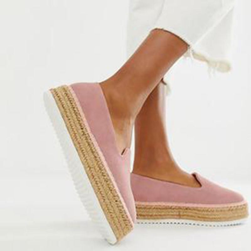 Dames Suède Espadrilles Stro Gevlochten Platform Loafers