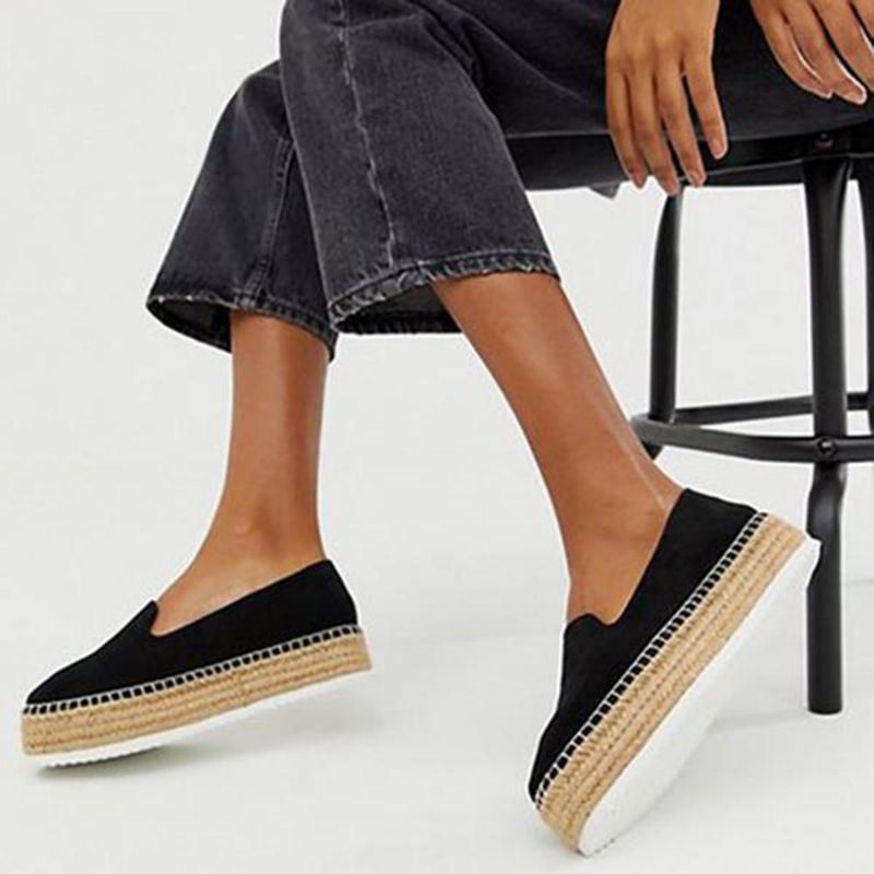 Dames Suède Espadrilles Stro Gevlochten Platform Loafers