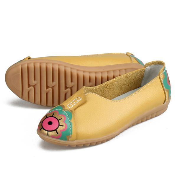 Dames Sun Eye Flower Pattern Soft Leather Instappers Lazy Driving Flat Loafers