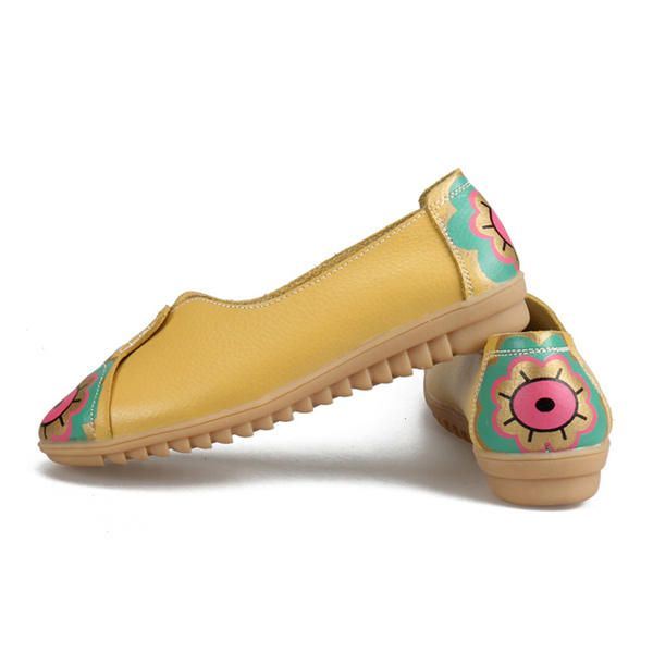 Dames Sun Eye Flower Pattern Soft Leather Instappers Lazy Driving Flat Loafers