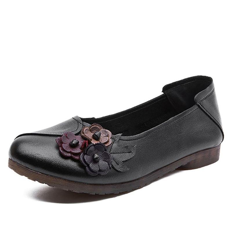 Dames Vintage Bloemen Ronde Neus Echt Leer Zachte Zool Slip Op Comfortabele Flats