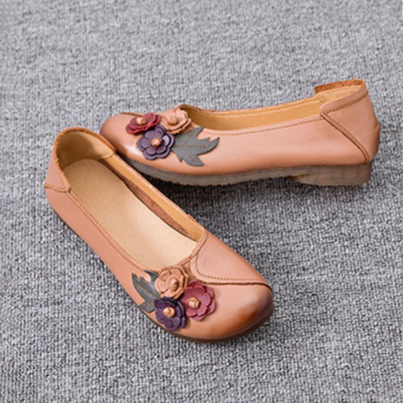 Dames Vintage Bloemen Ronde Neus Echt Leer Zachte Zool Slip Op Comfortabele Flats