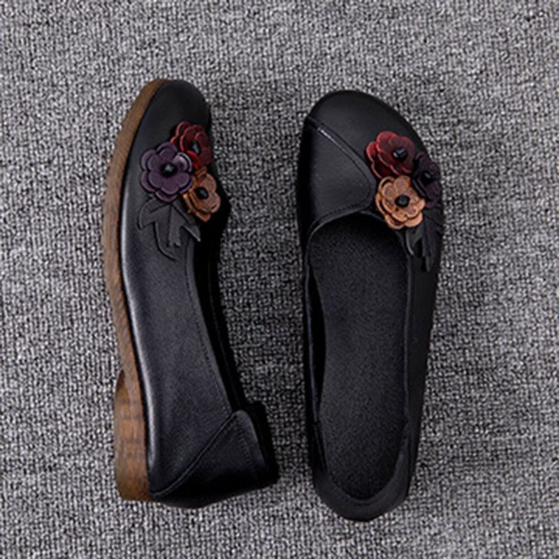 Dames Vintage Bloemen Ronde Neus Echt Leer Zachte Zool Slip Op Comfortabele Flats