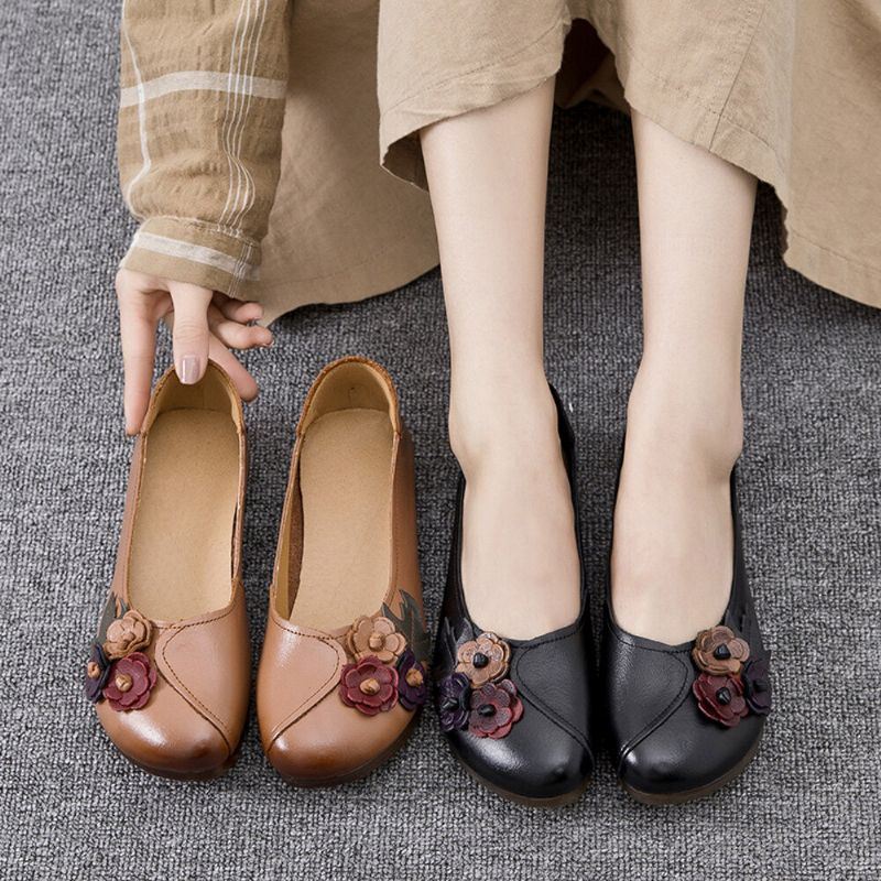 Dames Vintage Bloemen Ronde Neus Echt Leer Zachte Zool Slip Op Comfortabele Flats