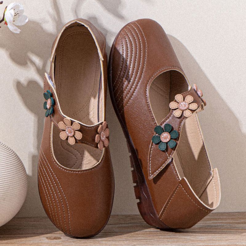 Dames Vintage Bloemmotief Ronde Neus Ademende Zachte Zool Comfortabele Flats