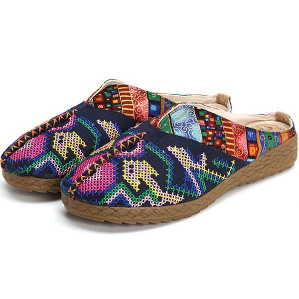 Dames Vlas Casual Outdoor Borduurwerk Platte Slipper Schoenen