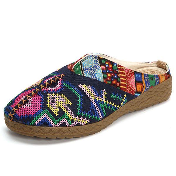 Dames Vlas Casual Outdoor Borduurwerk Platte Slipper Schoenen