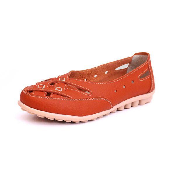 Dames Zomer Platte Casual Outdoor Hollow Out Leer Zachte Comfortabele Platte Loafers Schoenen