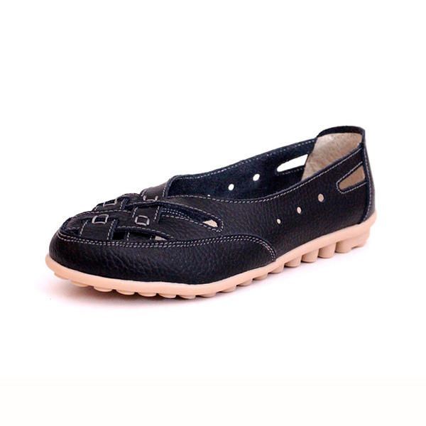 Dames Zomer Platte Casual Outdoor Hollow Out Leer Zachte Comfortabele Platte Loafers Schoenen