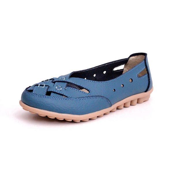 Dames Zomer Platte Casual Outdoor Hollow Out Leer Zachte Comfortabele Platte Loafers Schoenen