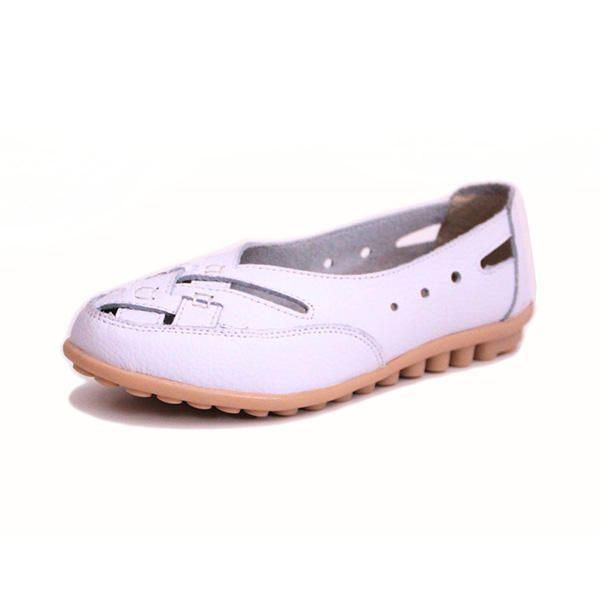 Dames Zomer Platte Casual Outdoor Hollow Out Leer Zachte Comfortabele Platte Loafers Schoenen