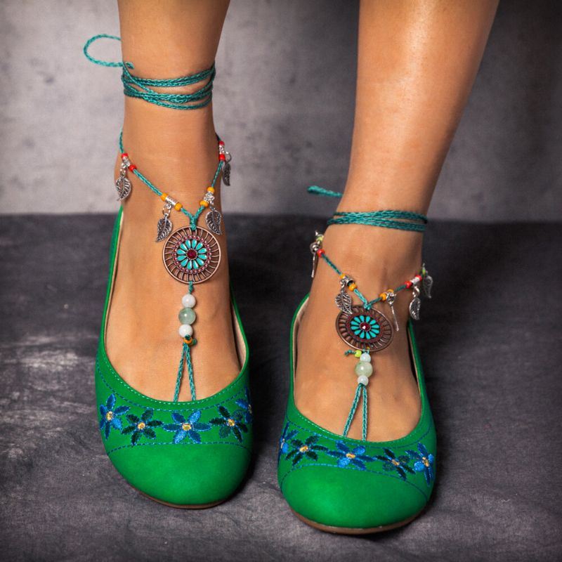 Geborduurde Casual Groene Loafers Met Kralenketting Voor Dames In Exotische Stijl Met Bloemen