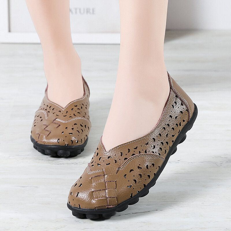 Grote Maat Dames Holle Handgemaakte Stiksels Zachte Zool Comfort Lederen Flats Loafers