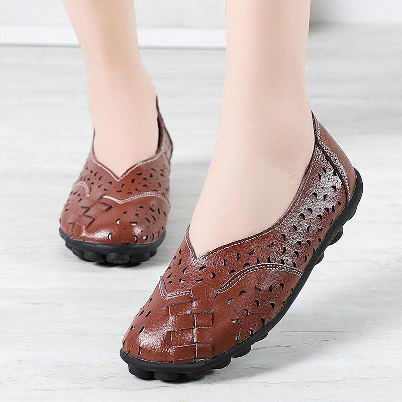 Grote Maat Dames Holle Handgemaakte Stiksels Zachte Zool Comfort Lederen Flats Loafers