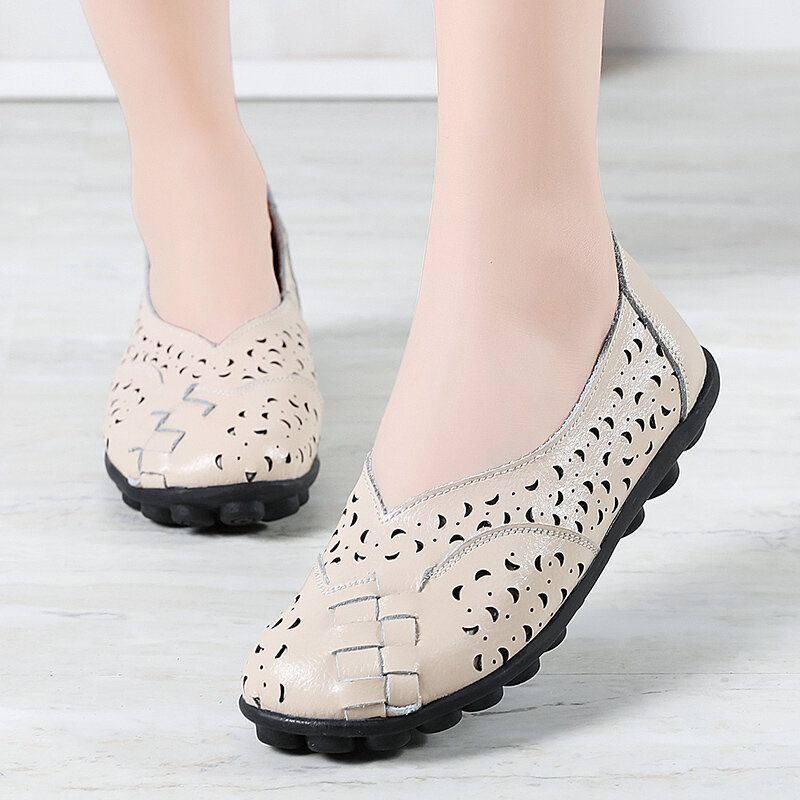 Grote Maat Dames Holle Handgemaakte Stiksels Zachte Zool Comfort Lederen Flats Loafers