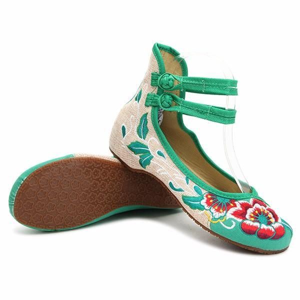 Grote Maat Dames Mary Janes Chinese Geborduurde Bloem Platte Schoenen Linnen Loafers