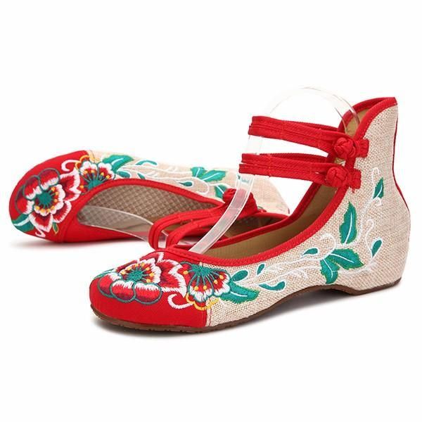 Grote Maat Dames Mary Janes Chinese Geborduurde Bloem Platte Schoenen Linnen Loafers