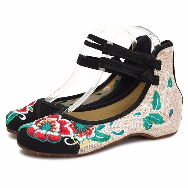 Grote Maat Dames Mary Janes Chinese Geborduurde Bloem Platte Schoenen Linnen Loafers