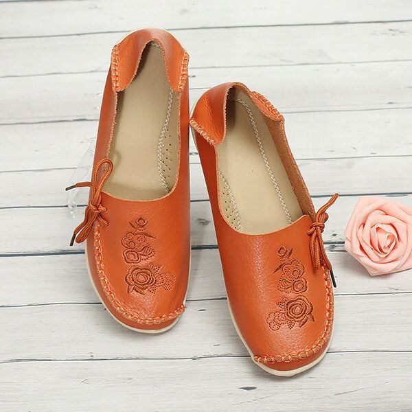 Grote Maat Rose Geborduurde Ronde Neus Dames Casual Zachte Platte Loafers