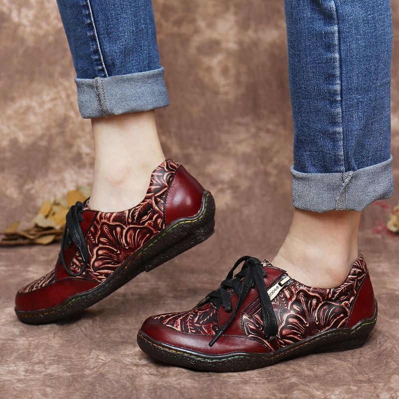 Handgemaakte Lederen Bloemen Splitsing Stiksels Zijrits Lace-up Platte Schoenen