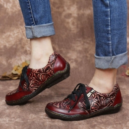 Handgemaakte Lederen Bloemen Splitsing Stiksels Zijrits Lace-up Platte Schoenen