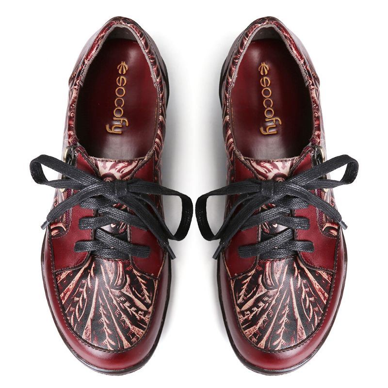 Handgemaakte Lederen Bloemen Splitsing Stiksels Zijrits Lace-up Platte Schoenen