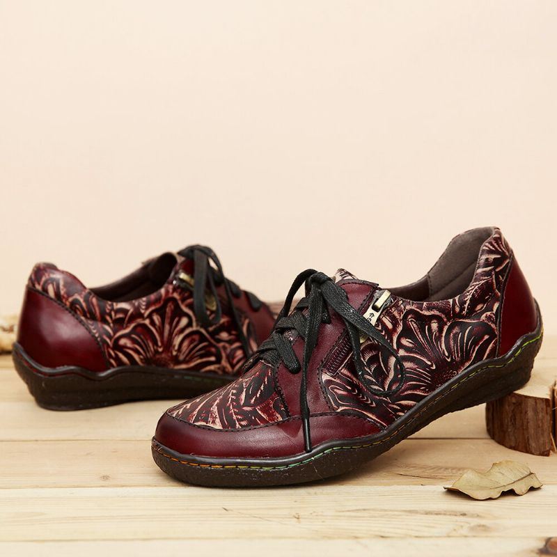 Handgemaakte Lederen Bloemen Splitsing Stiksels Zijrits Lace-up Platte Schoenen