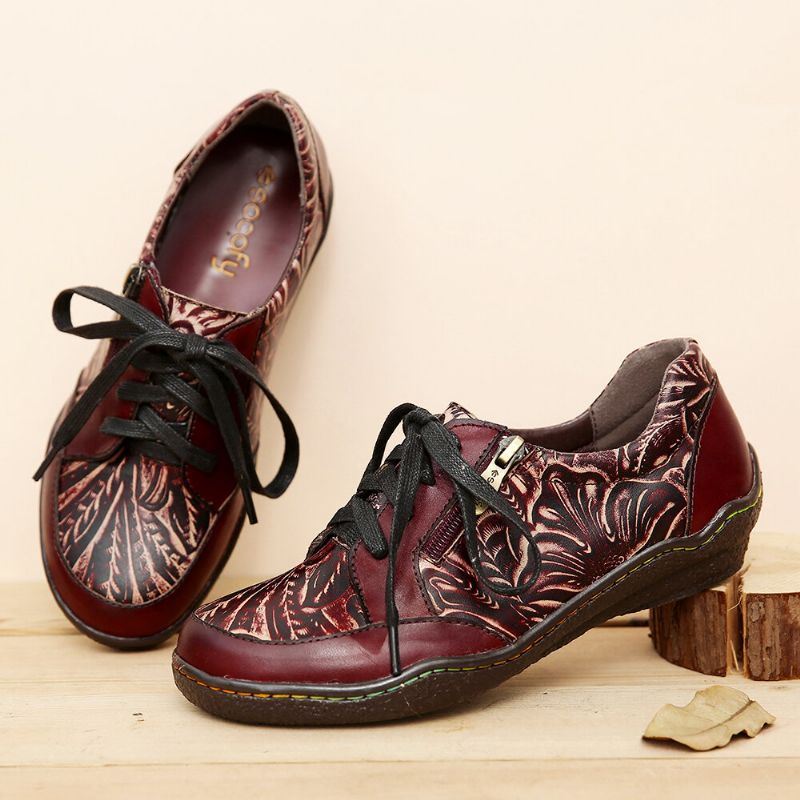 Handgemaakte Lederen Bloemen Splitsing Stiksels Zijrits Lace-up Platte Schoenen