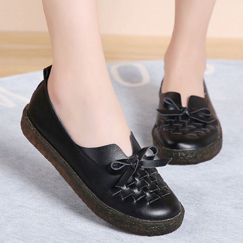 Leren Damesslip Op Effen Kleur Geweven Strik Asakuchi Flats Loafers Schoenen