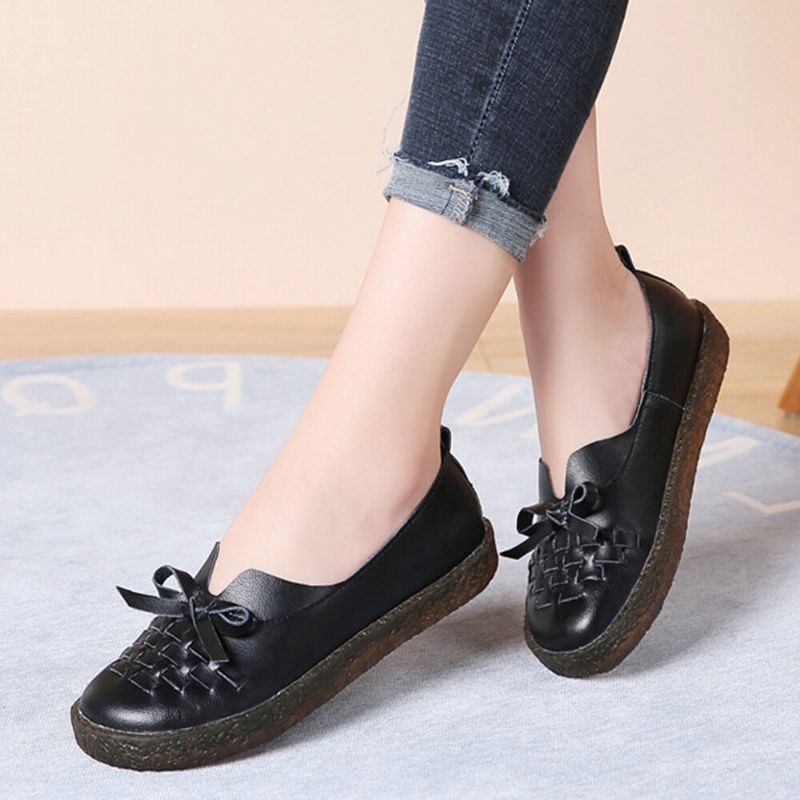 Leren Damesslip Op Effen Kleur Geweven Strik Asakuchi Flats Loafers Schoenen