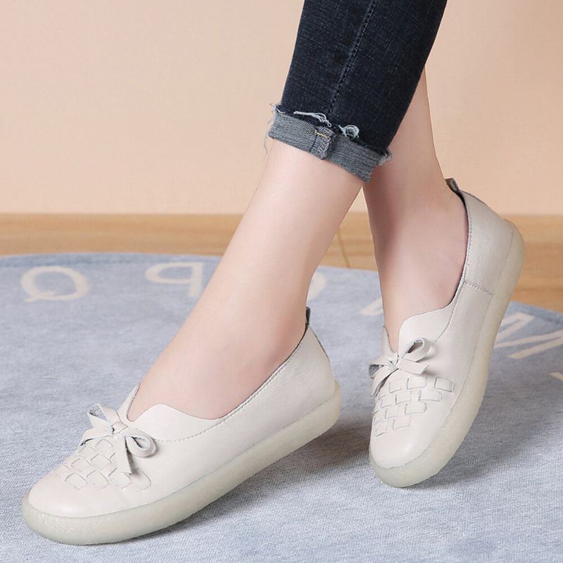 Leren Damesslip Op Effen Kleur Geweven Strik Asakuchi Flats Loafers Schoenen