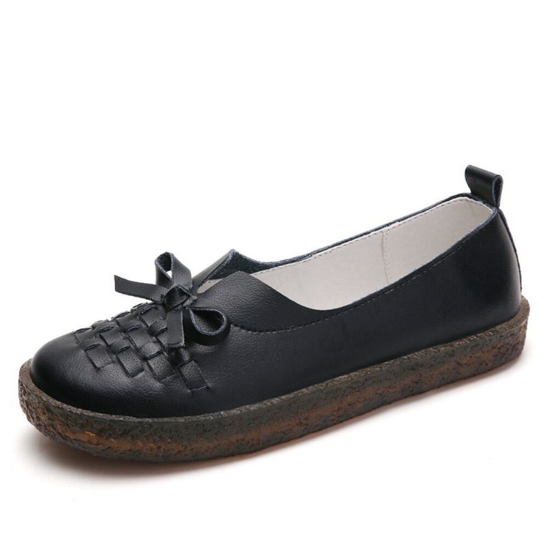 Leren Damesslip Op Effen Kleur Geweven Strik Asakuchi Flats Loafers Schoenen