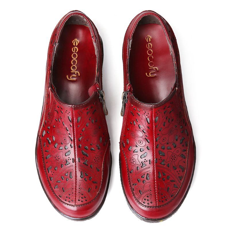 Leren Damesslippers Met Bloemenuitsparingen Slip-on Loafers Slipvaste Platte Schoenen Aan De Zijkant