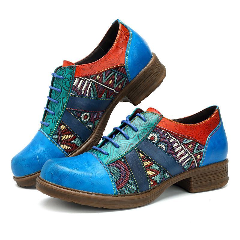 Leren Schoenen Met Bohemien Splitsingspatroon Voor Dames